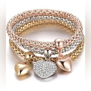 Heart Charm Bracelet Set Crystal Charms 3PCS Gold/Silver/Rose Gold Corn Chain